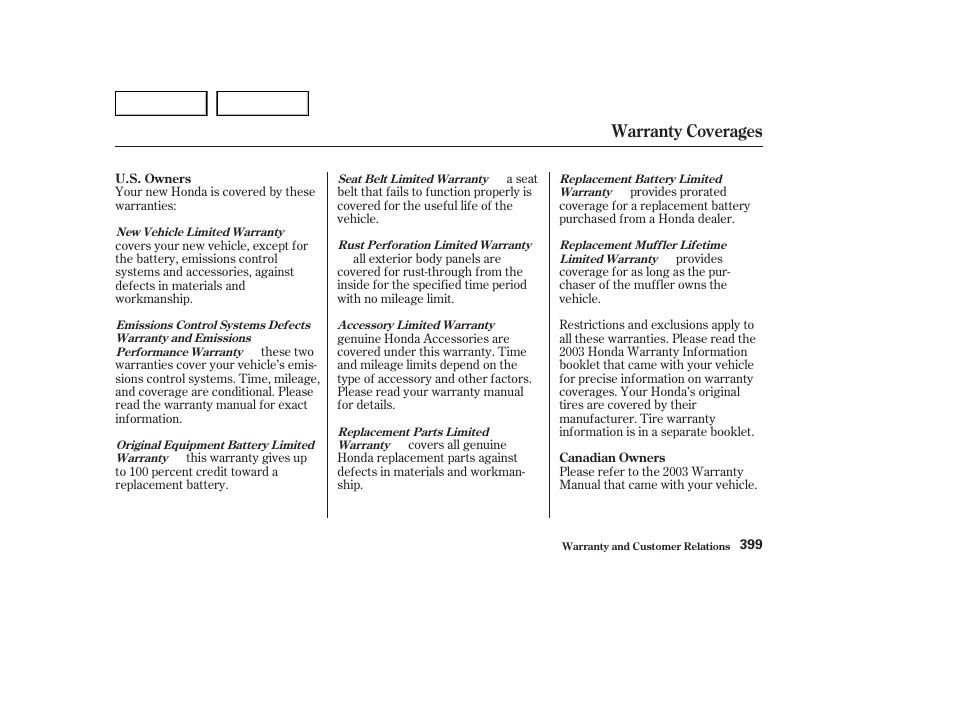 Warranty coverages | HONDA 2003 Odyssey - Owner's Manual User Manual | Page 402 / 415