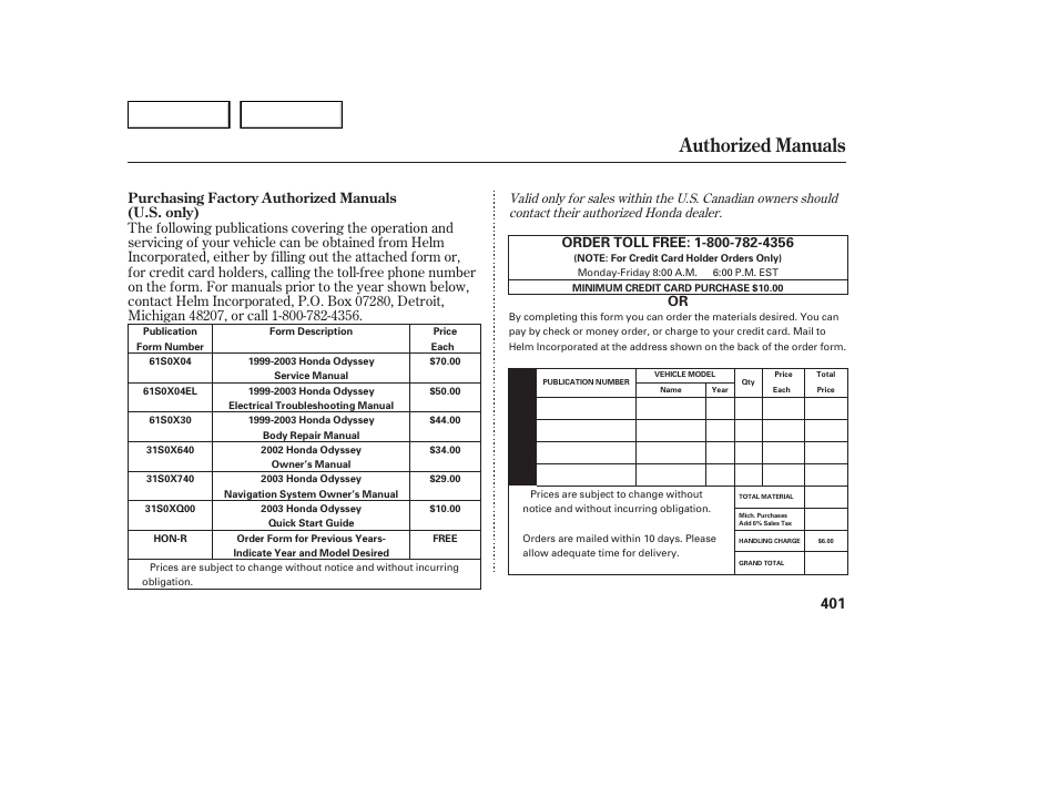 Authorized manuals | HONDA 2003 Odyssey - Owner's Manual User Manual | Page 404 / 415