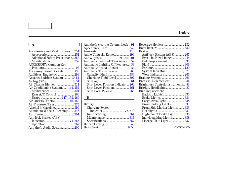 Index | HONDA 2003 Odyssey - Owner's Manual User Manual | Page 406 / 415