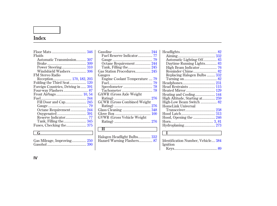 Index | HONDA 2003 Odyssey - Owner's Manual User Manual | Page 409 / 415