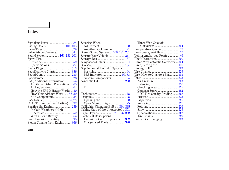 Index | HONDA 2003 Odyssey - Owner's Manual User Manual | Page 413 / 415