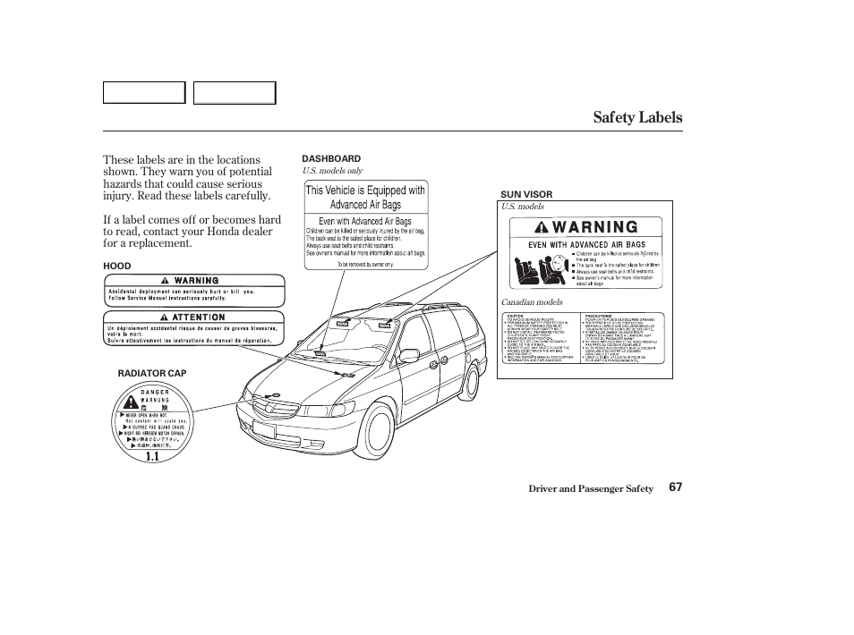 Safety labels | HONDA 2003 Odyssey - Owner's Manual User Manual | Page 70 / 415