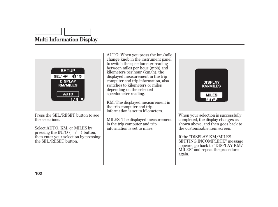 Multi-information display | HONDA 2003 Insight  - Owner's Manual User Manual | Page 106 / 411
