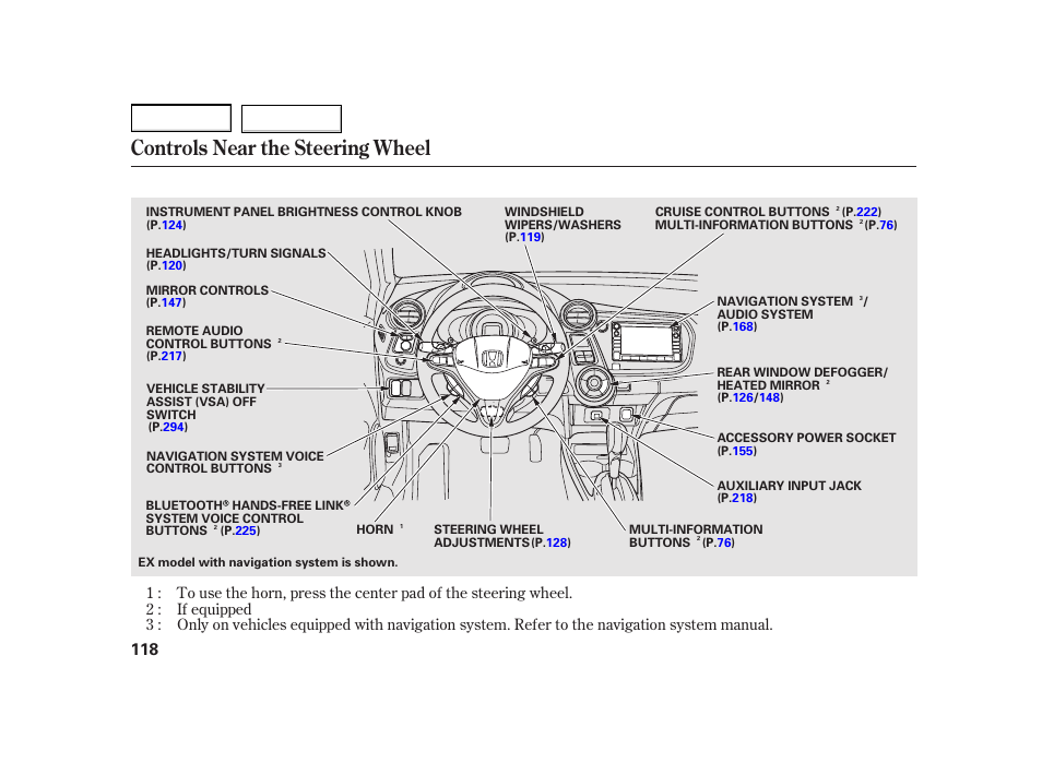 Controls near the steering wheel | HONDA 2003 Insight  - Owner's Manual User Manual | Page 122 / 411