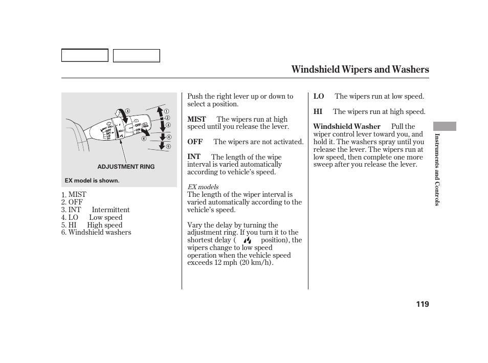 Windshield wipers and washers | HONDA 2003 Insight  - Owner's Manual User Manual | Page 123 / 411