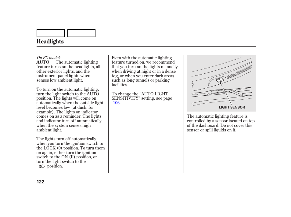 Headlights | HONDA 2003 Insight  - Owner's Manual User Manual | Page 126 / 411
