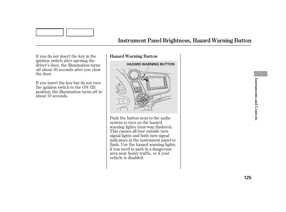 Instrument panel brightness, hazard warning button | HONDA 2003 Insight  - Owner's Manual User Manual | Page 129 / 411