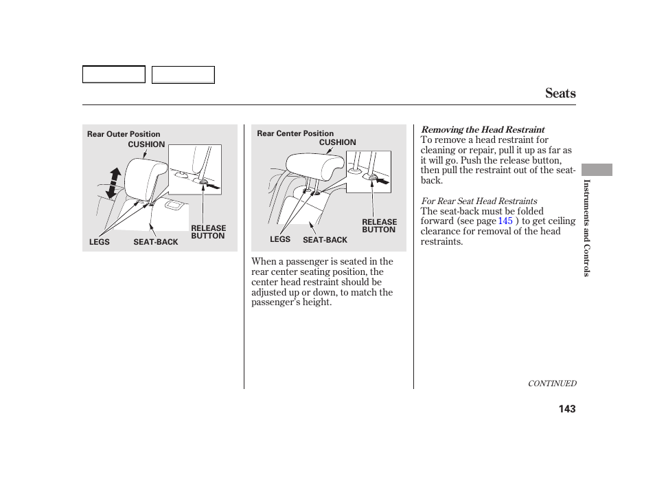 Seats | HONDA 2003 Insight  - Owner's Manual User Manual | Page 147 / 411