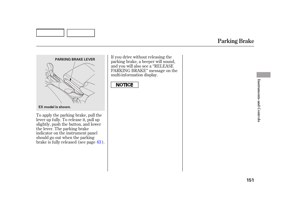 Parking brake | HONDA 2003 Insight  - Owner's Manual User Manual | Page 155 / 411