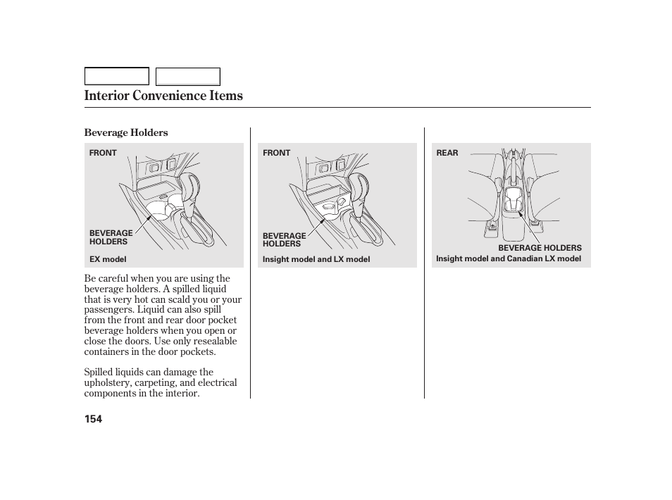 Interior convenience items | HONDA 2003 Insight  - Owner's Manual User Manual | Page 158 / 411