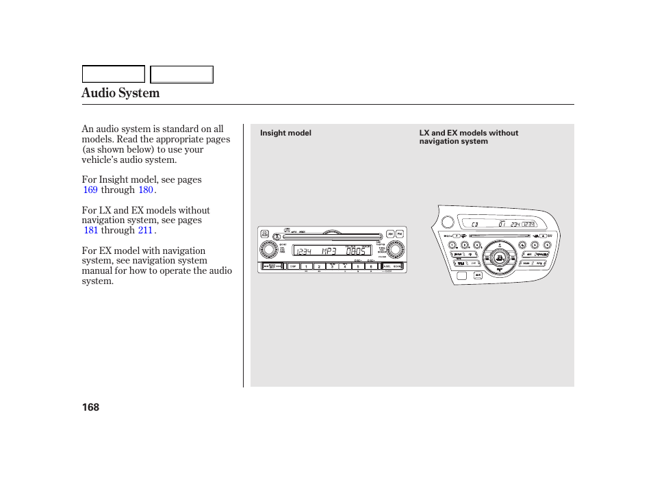 Audio system | HONDA 2003 Insight  - Owner's Manual User Manual | Page 172 / 411