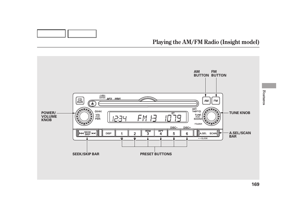 Playing the am/fm radio (insight model) | HONDA 2003 Insight  - Owner's Manual User Manual | Page 173 / 411