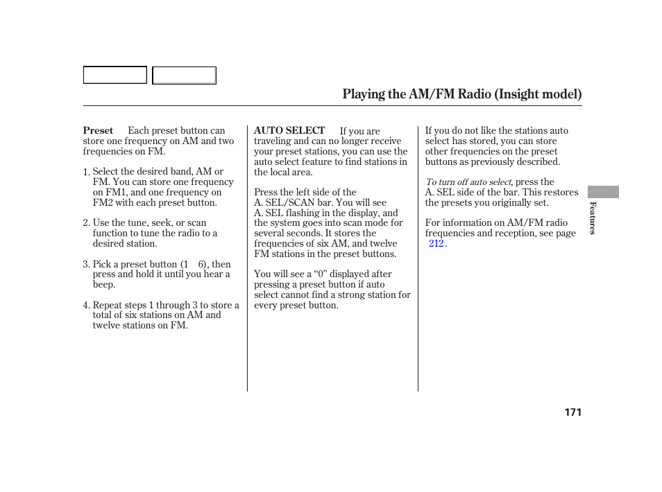 Playing the am/fm radio (insight model) | HONDA 2003 Insight  - Owner's Manual User Manual | Page 175 / 411