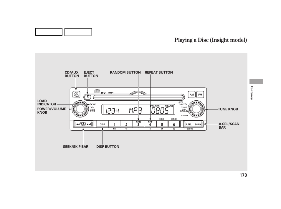 Playing a disc (insight model) | HONDA 2003 Insight  - Owner's Manual User Manual | Page 177 / 411