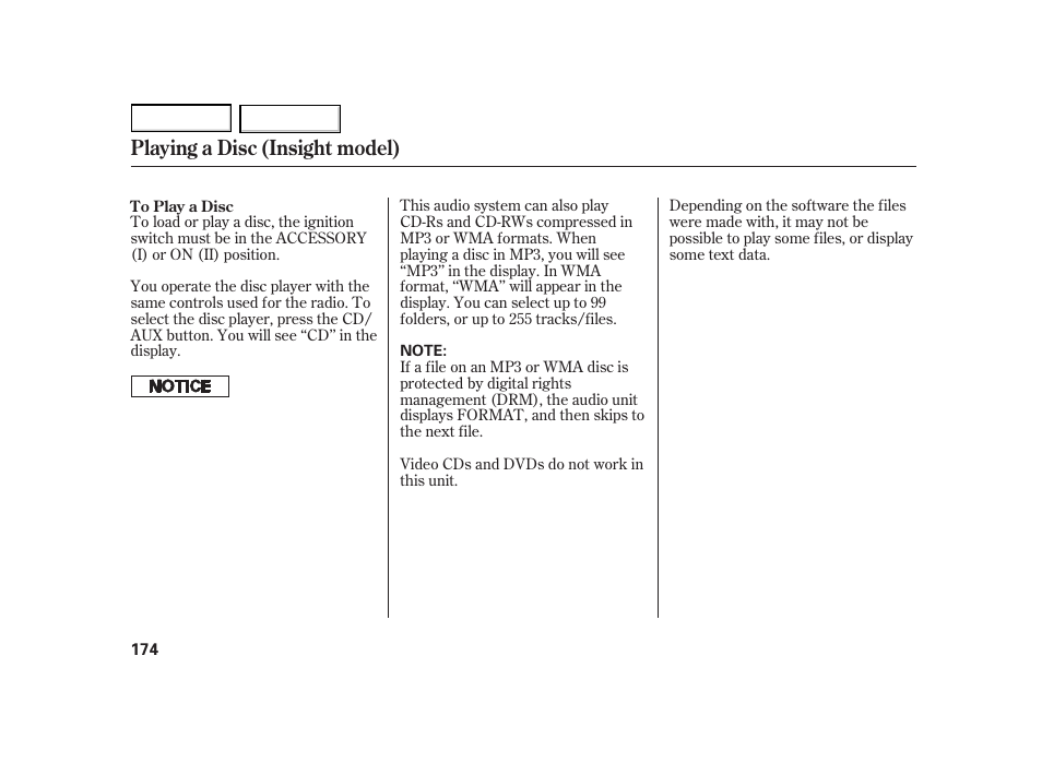 Playing a disc (insight model) | HONDA 2003 Insight  - Owner's Manual User Manual | Page 178 / 411