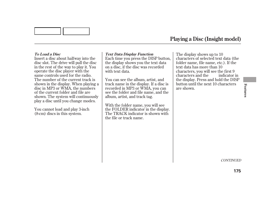 Playing a disc (insight model) | HONDA 2003 Insight  - Owner's Manual User Manual | Page 179 / 411
