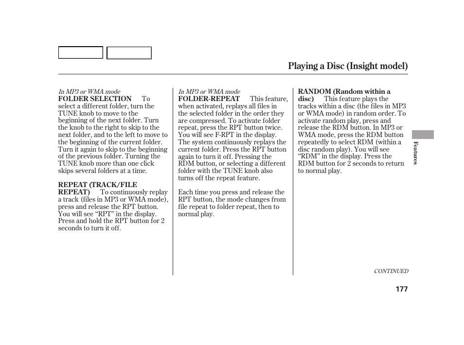 Playing a disc (insight model) | HONDA 2003 Insight  - Owner's Manual User Manual | Page 181 / 411