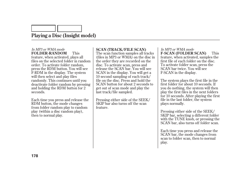 Playing a disc (insight model) | HONDA 2003 Insight  - Owner's Manual User Manual | Page 182 / 411