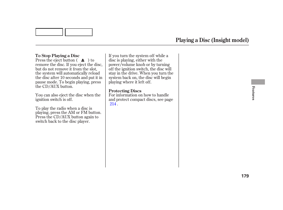 Playing a disc (insight model) | HONDA 2003 Insight  - Owner's Manual User Manual | Page 183 / 411