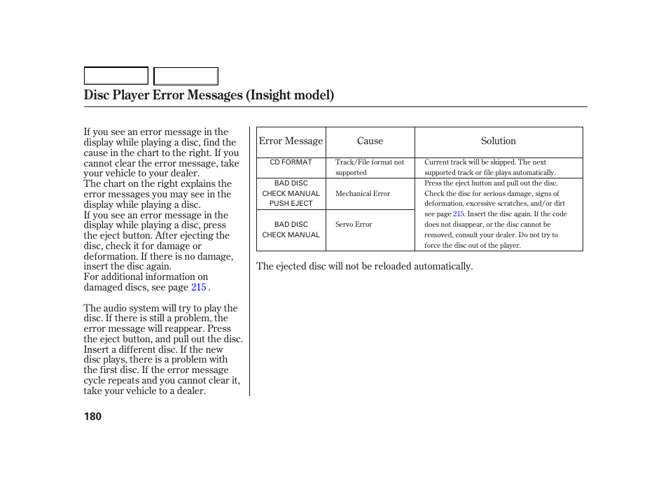 Disc player error messages (insight model) | HONDA 2003 Insight  - Owner's Manual User Manual | Page 184 / 411