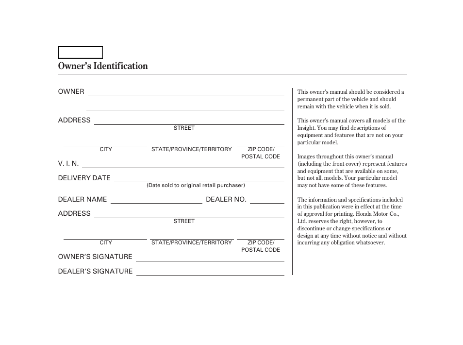Owner's identification form, Owner’s identification | HONDA 2003 Insight  - Owner's Manual User Manual | Page 2 / 411