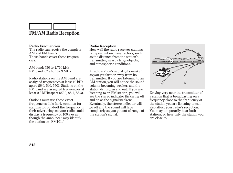 Fm/am radio reception | HONDA 2003 Insight  - Owner's Manual User Manual | Page 216 / 411