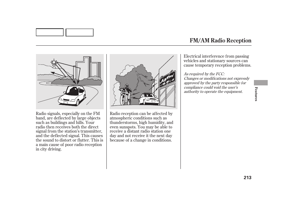 Fm/am radio reception | HONDA 2003 Insight  - Owner's Manual User Manual | Page 217 / 411
