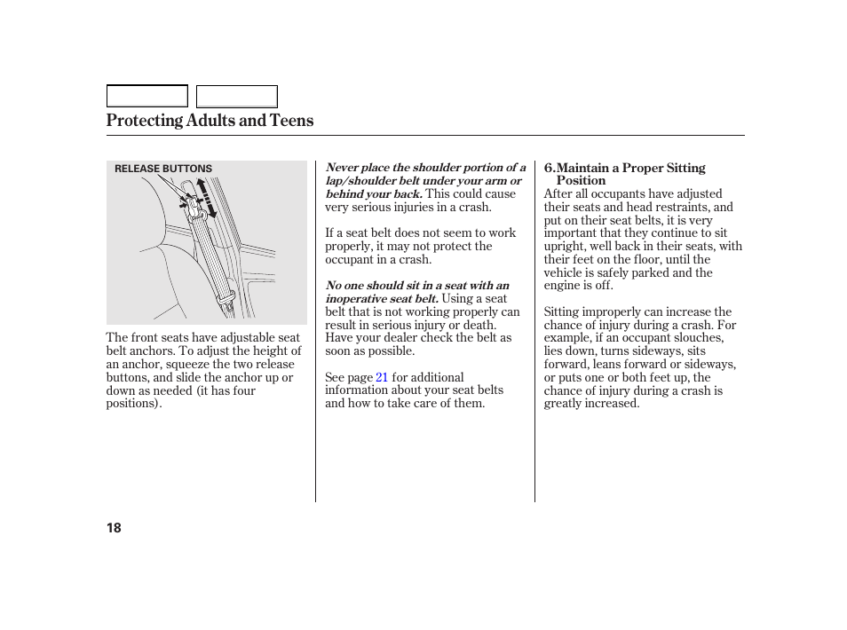 Protecting adults and teens | HONDA 2003 Insight  - Owner's Manual User Manual | Page 22 / 411