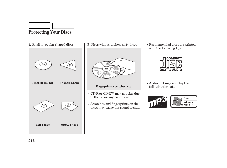 Protecting your discs | HONDA 2003 Insight  - Owner's Manual User Manual | Page 220 / 411