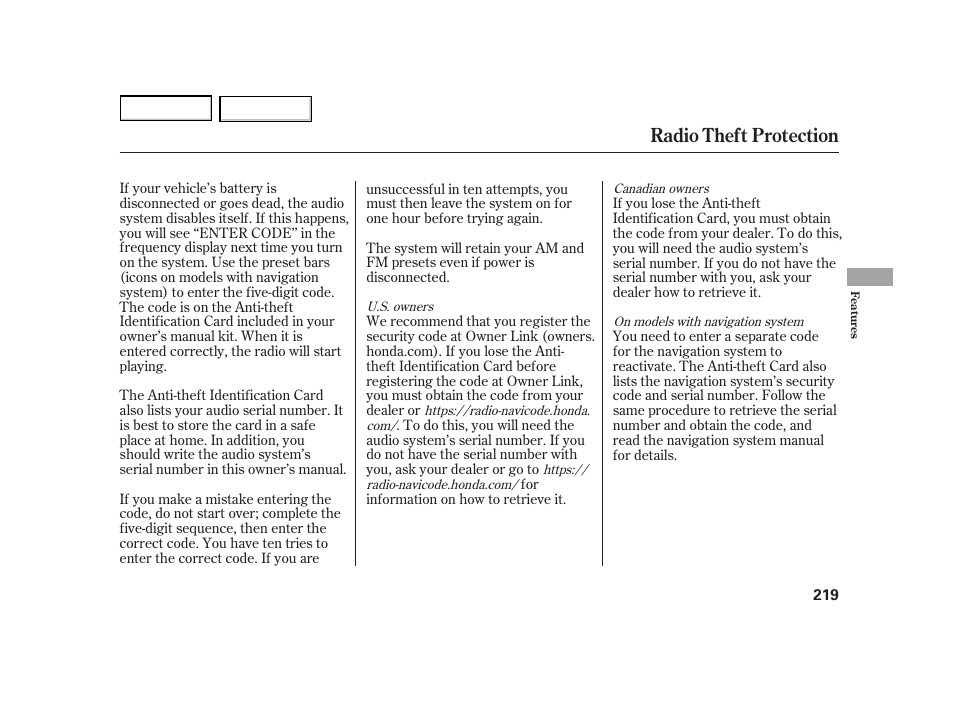 Radio theft protection | HONDA 2003 Insight  - Owner's Manual User Manual | Page 223 / 411