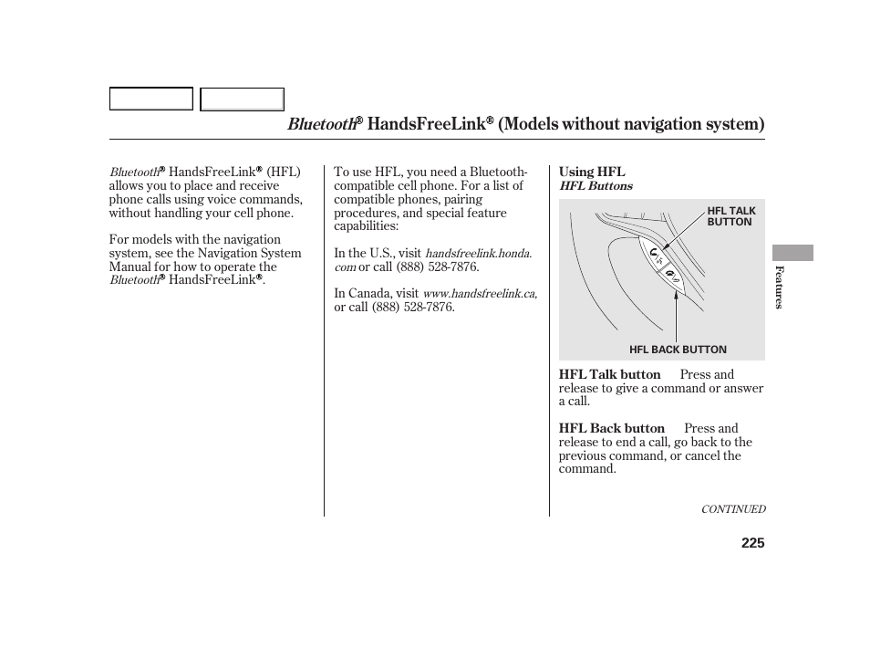 Handsfreelink (models without navigation system), Bluetooth | HONDA 2003 Insight  - Owner's Manual User Manual | Page 229 / 411