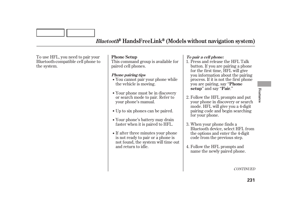 Handsfreelink (models without navigation system), Bluetooth | HONDA 2003 Insight  - Owner's Manual User Manual | Page 235 / 411