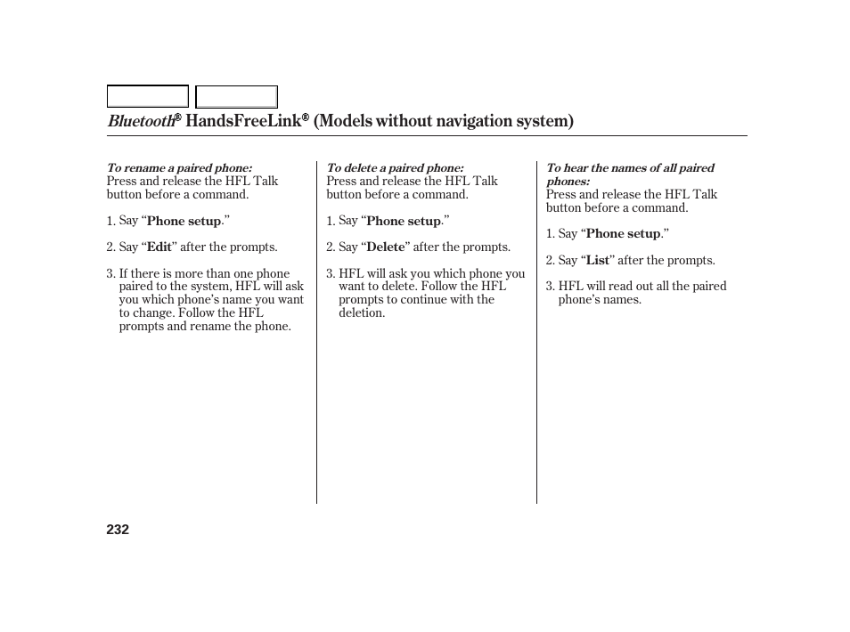 Handsfreelink (models without navigation system), Bluetooth | HONDA 2003 Insight  - Owner's Manual User Manual | Page 236 / 411