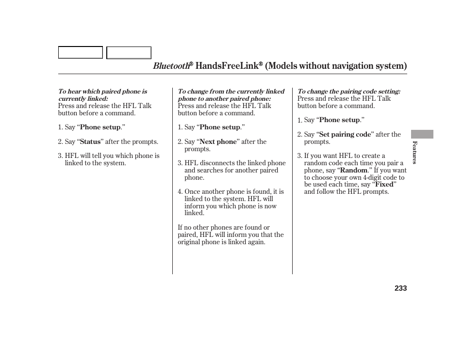 Handsfreelink (models without navigation system), Bluetooth | HONDA 2003 Insight  - Owner's Manual User Manual | Page 237 / 411