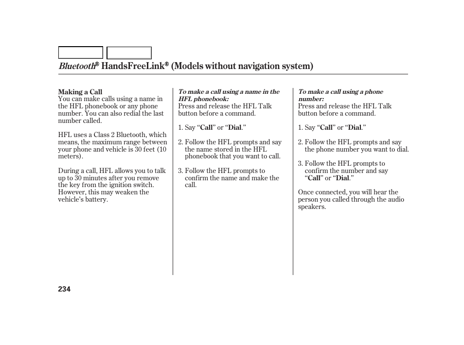 Handsfreelink (models without navigation system), Bluetooth | HONDA 2003 Insight  - Owner's Manual User Manual | Page 238 / 411