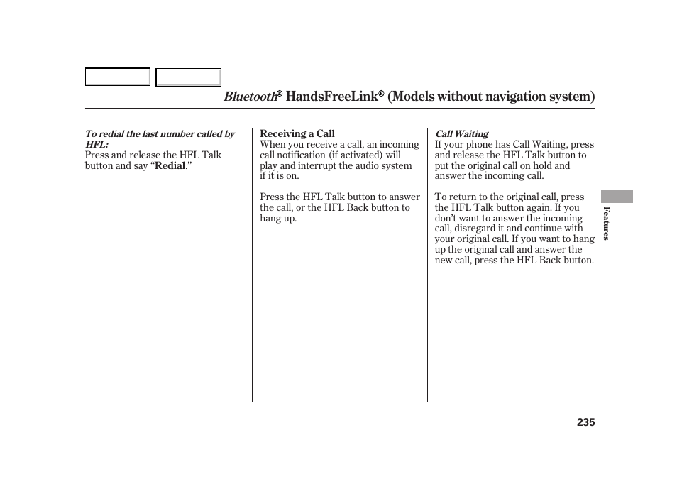 Handsfreelink (models without navigation system), Bluetooth | HONDA 2003 Insight  - Owner's Manual User Manual | Page 239 / 411