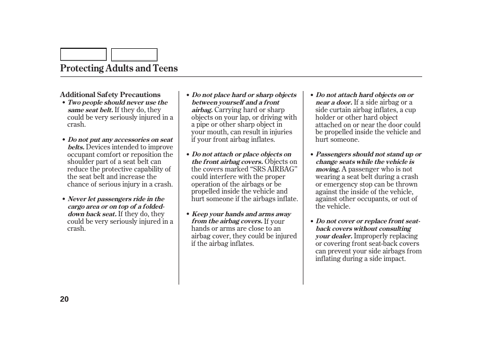 Protecting adults and teens | HONDA 2003 Insight  - Owner's Manual User Manual | Page 24 / 411