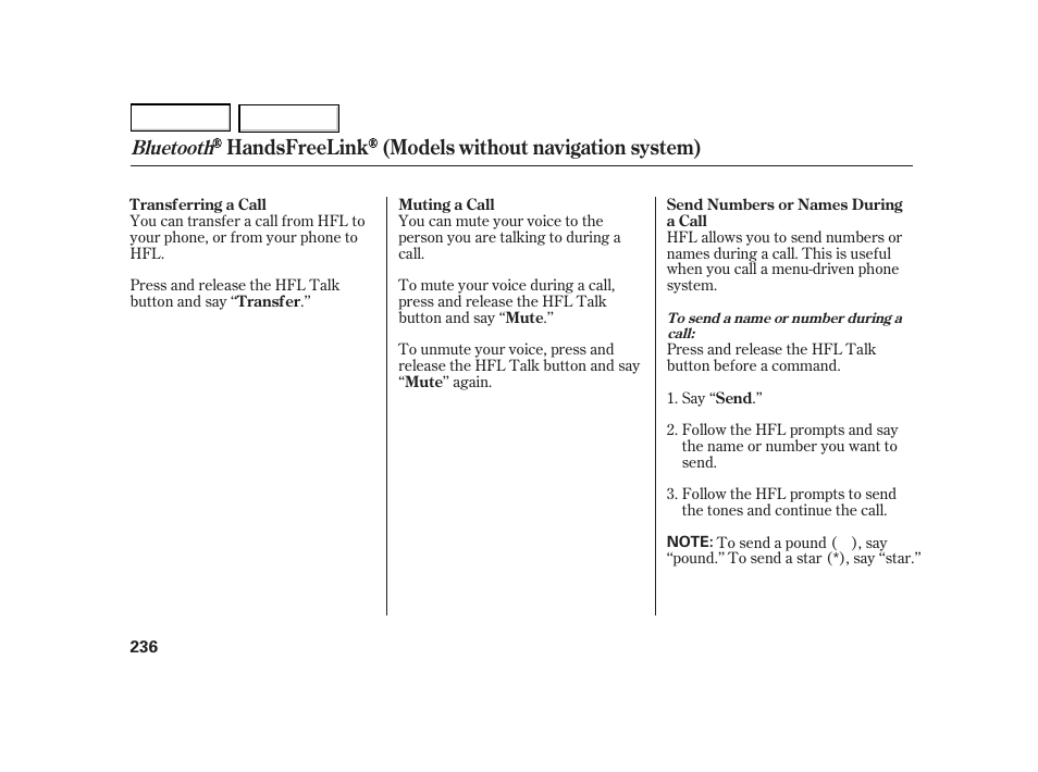 Handsfreelink (models without navigation system), Bluetooth | HONDA 2003 Insight  - Owner's Manual User Manual | Page 240 / 411