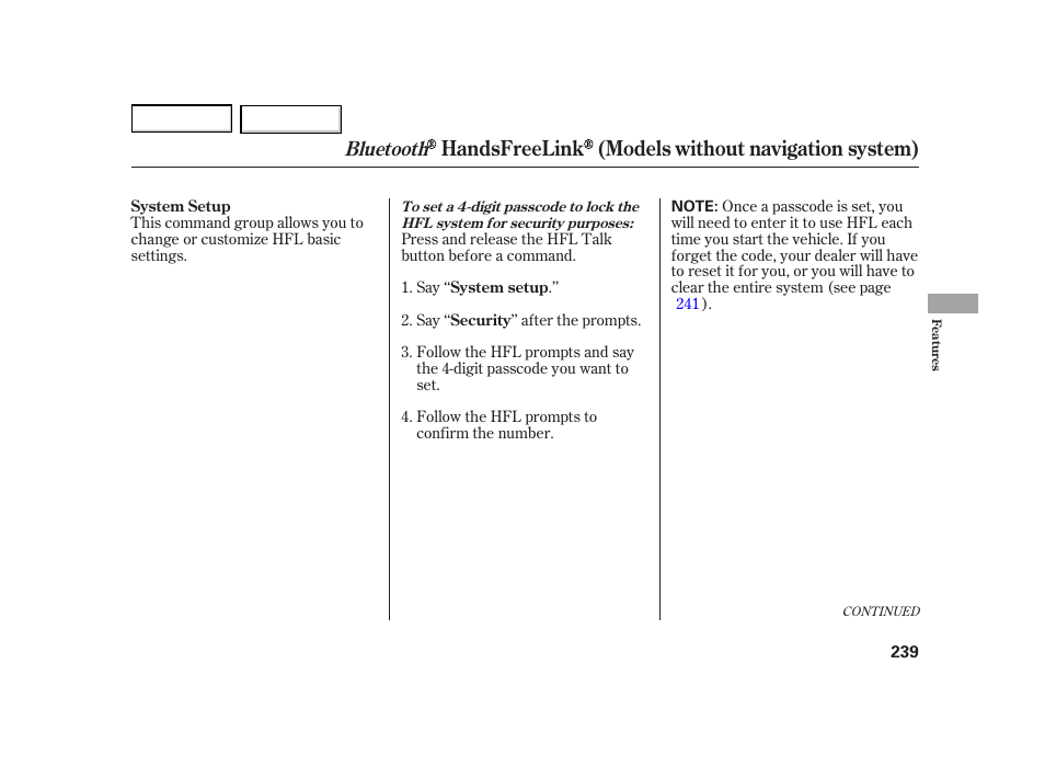 Handsfreelink (models without navigation system), Bluetooth | HONDA 2003 Insight  - Owner's Manual User Manual | Page 243 / 411