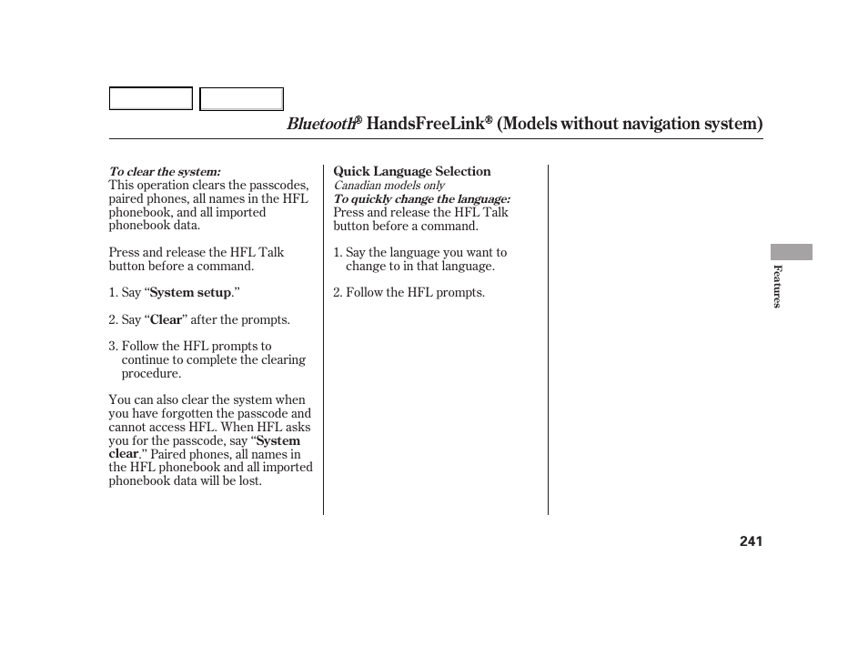 Handsfreelink (models without navigation system), Bluetooth | HONDA 2003 Insight  - Owner's Manual User Manual | Page 245 / 411