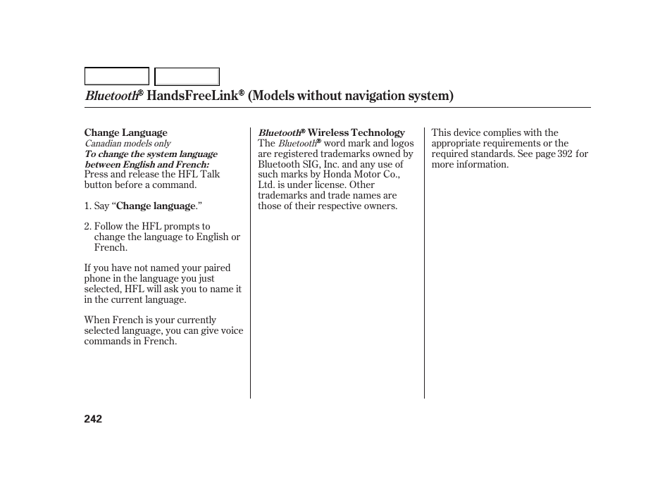 Handsfreelink (models without navigation system), Bluetooth | HONDA 2003 Insight  - Owner's Manual User Manual | Page 246 / 411