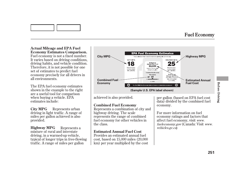 Fuel economy | HONDA 2003 Insight  - Owner's Manual User Manual | Page 255 / 411