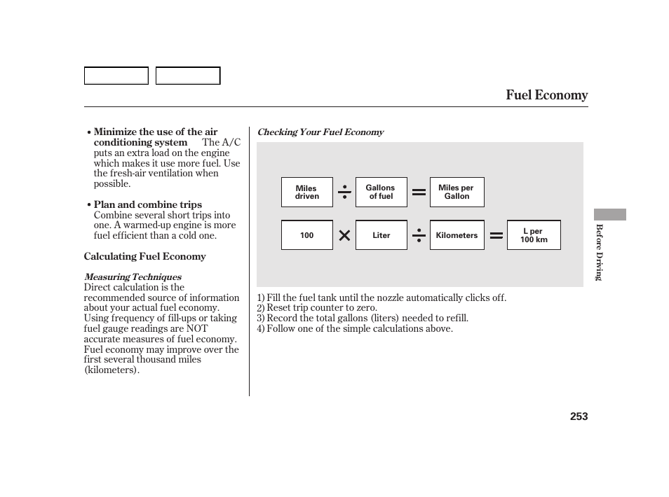 Fuel economy | HONDA 2003 Insight  - Owner's Manual User Manual | Page 257 / 411