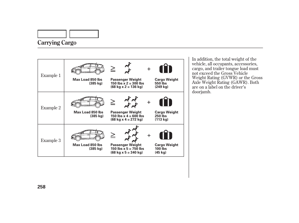 Carrying cargo | HONDA 2003 Insight  - Owner's Manual User Manual | Page 262 / 411