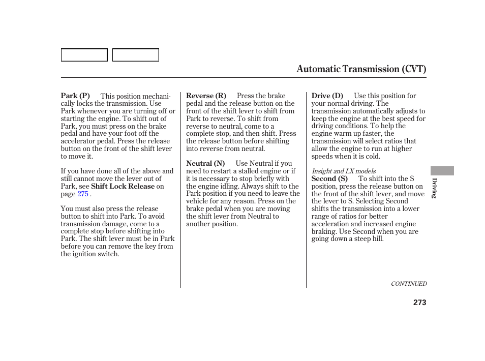 Automatic transmission (cvt) | HONDA 2003 Insight  - Owner's Manual User Manual | Page 277 / 411