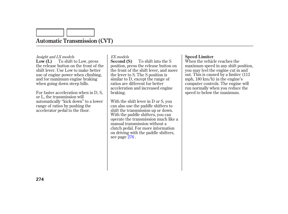 Automatic transmission (cvt) | HONDA 2003 Insight  - Owner's Manual User Manual | Page 278 / 411