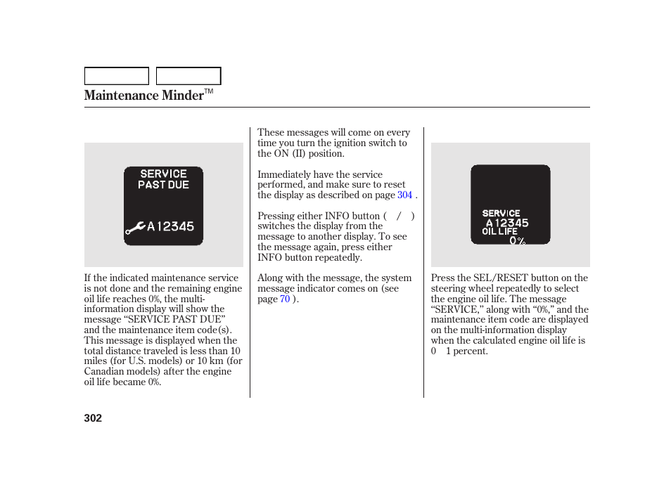 Maintenance minder | HONDA 2003 Insight  - Owner's Manual User Manual | Page 306 / 411