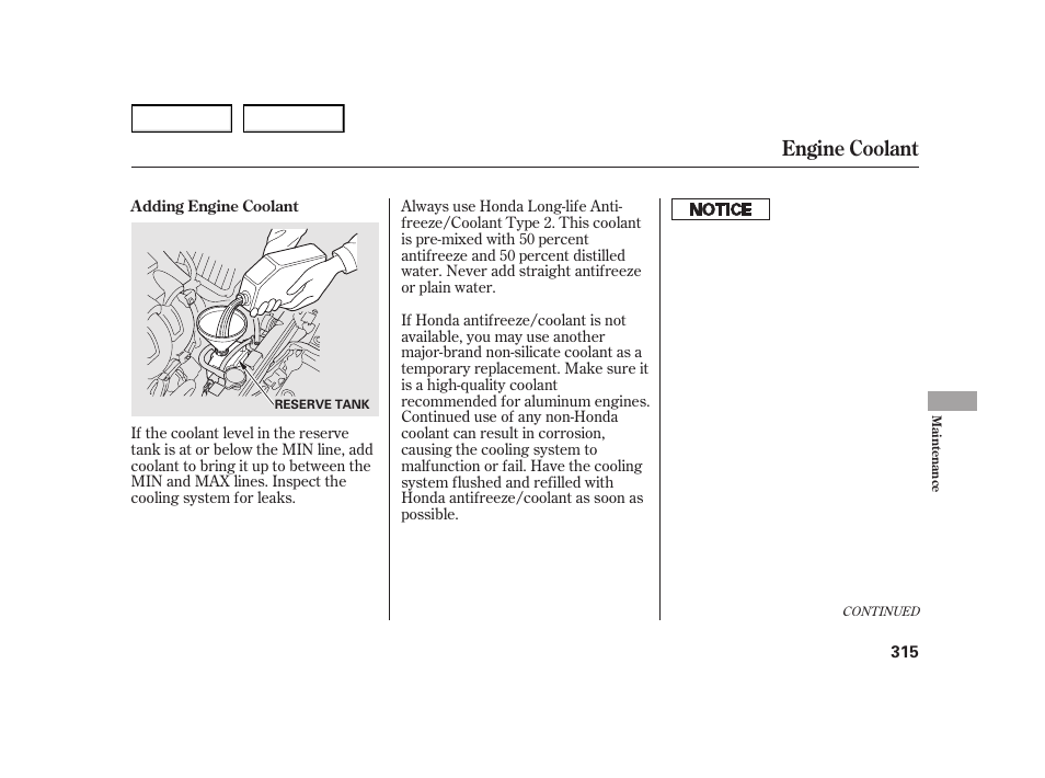 Engine coolant | HONDA 2003 Insight  - Owner's Manual User Manual | Page 319 / 411