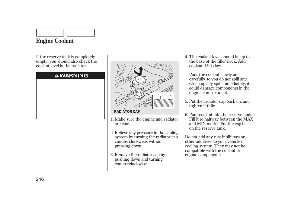 Engine coolant | HONDA 2003 Insight  - Owner's Manual User Manual | Page 320 / 411