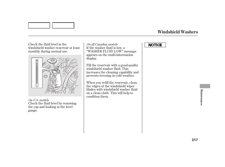 Windshield washers | HONDA 2003 Insight  - Owner's Manual User Manual | Page 321 / 411